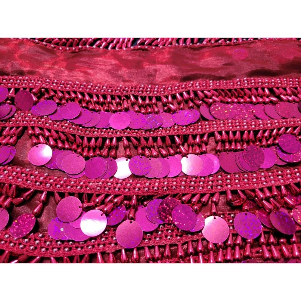 Belly Dance Paillette Hip Scarf Burgundy Magenta Beaded Fringe Preowned Costume